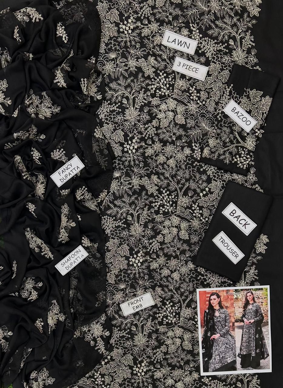 3pc Unstitched Embroidered Black Lawn
